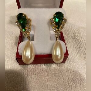 Faux emerald and pearl drop earrings